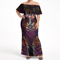Hawaii Halloween Off Shoulder Maxi Dress Skeleton Bones Flower Lei Tropical Floral