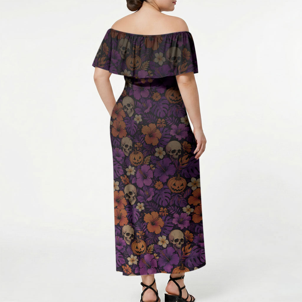 Hawaii Halloween Off Shoulder Maxi Dress Skeleton Bones Flower Lei Tropical Floral