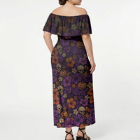Hawaii Halloween Off Shoulder Maxi Dress Skeleton Bones Flower Lei Tropical Floral
