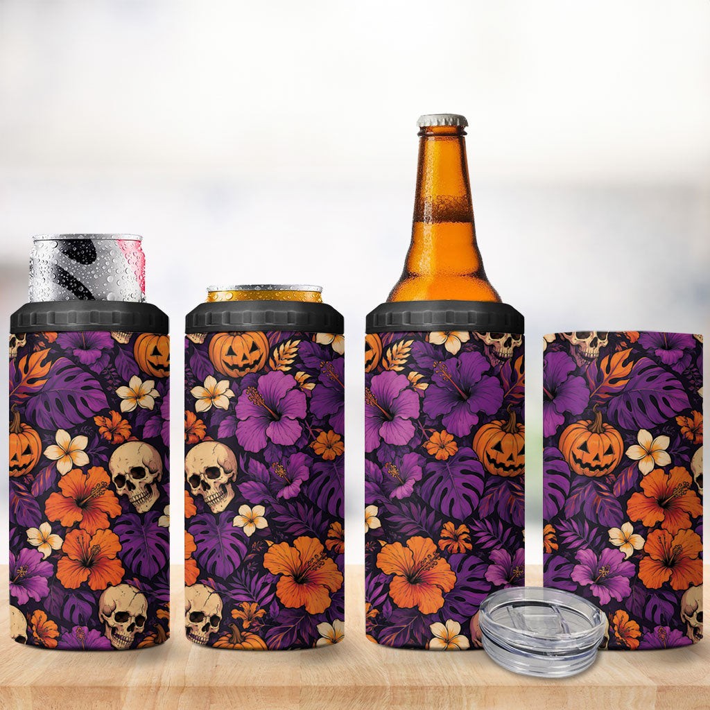 Hawaii Halloween 4 in 1 Can Cooler Tumbler Skeleton Pumpkin Hawaiian Flower Tribal