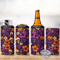 Hawaii Halloween 4 in 1 Can Cooler Tumbler Skeleton Pumpkin Hawaiian Flower Tribal
