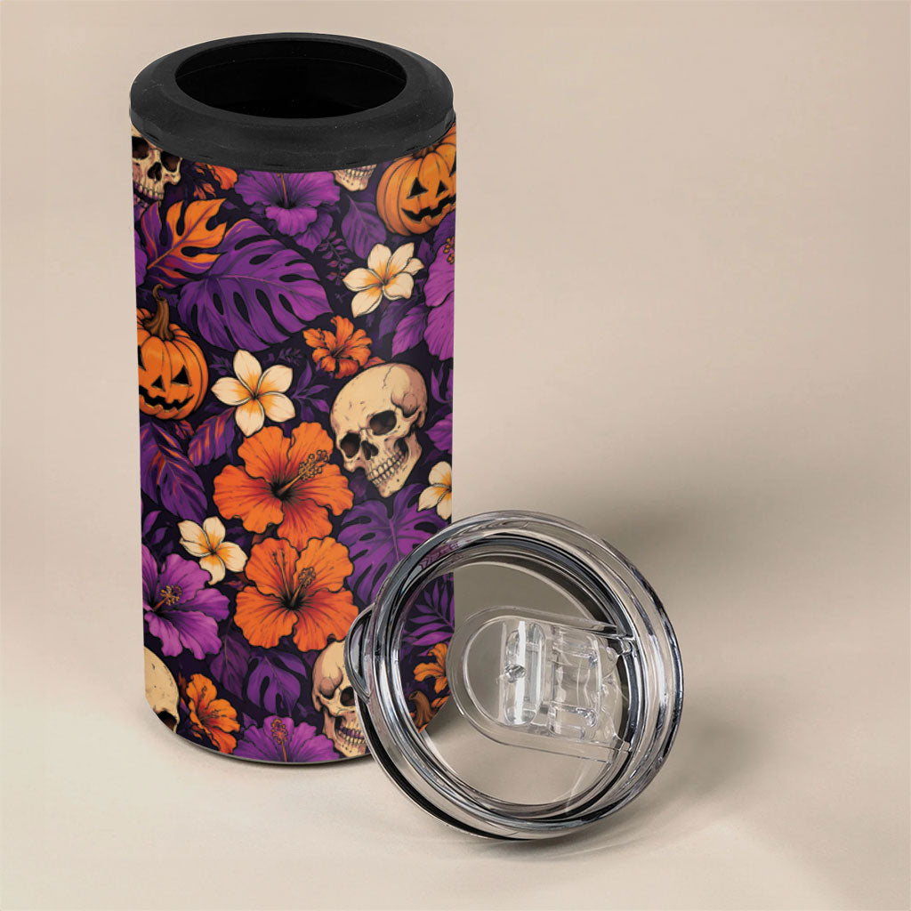 Hawaii Halloween 4 in 1 Can Cooler Tumbler Skeleton Pumpkin Hawaiian Flower Tribal