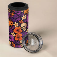 Hawaii Halloween 4 in 1 Can Cooler Tumbler Skeleton Pumpkin Hawaiian Flower Tribal