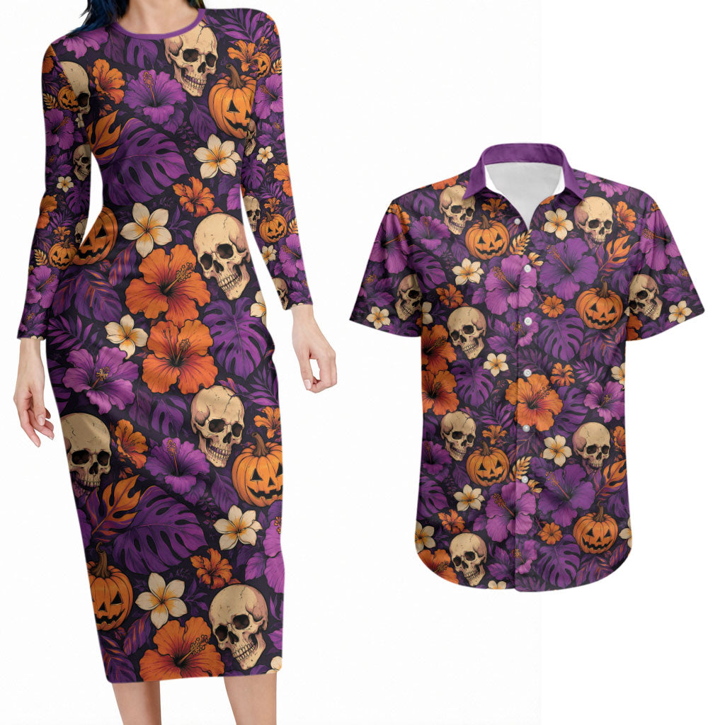 Hawaii Halloween Couples Matching Long Sleeve Bodycon Dress and Hawaiian Shirt Skeleton Pumpkin Hawaiian Flower Tribal DT05 Purple - Polynesian Pride