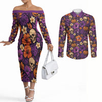 Hawaii Halloween Couples Matching Off The Shoulder Long Sleeve Dress and Long Sleeve Button Shirt Skeleton Pumpkin Hawaiian Flower Tribal
