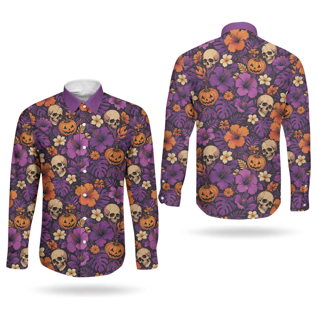 Hawaii Halloween Couples Matching Off The Shoulder Long Sleeve Dress and Long Sleeve Button Shirt Skeleton Pumpkin Hawaiian Flower Tribal
