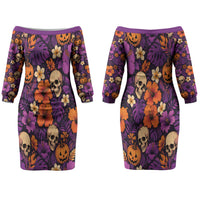 Hawaii Halloween Couples Matching Off The Shoulder Long Sleeve Dress and Long Sleeve Button Shirt Skeleton Pumpkin Hawaiian Flower Tribal