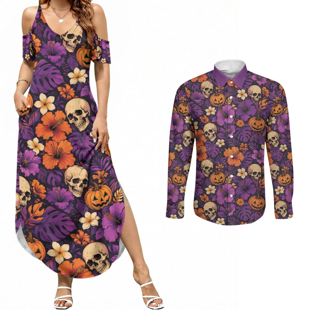 Hawaii Halloween Couples Matching Summer Maxi Dress and Long Sleeve Button Shirt Skeleton Pumpkin Hawaiian Flower Tribal DT05 Purple - Polynesian Pride