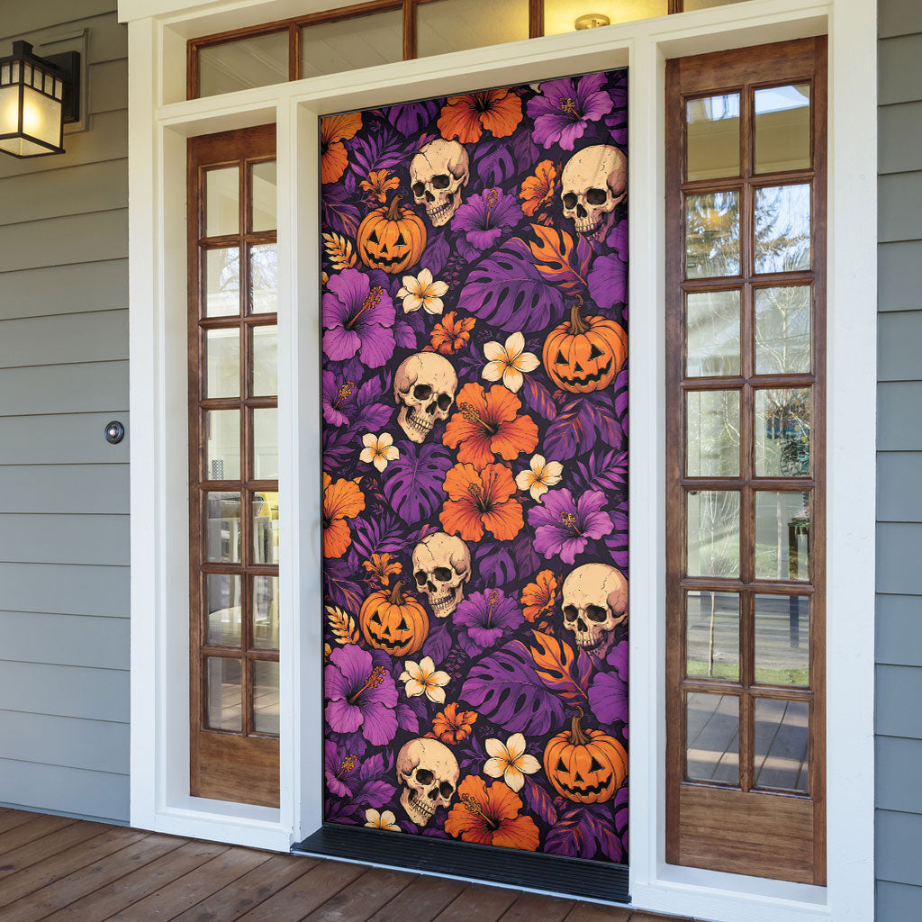 Hawaii Halloween Door Cover Skeleton Pumpkin Hawaiian Flower Tribal