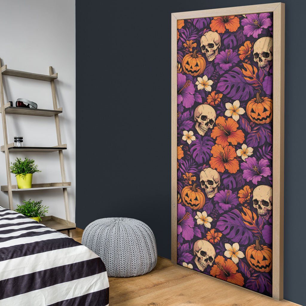 Hawaii Halloween Door Cover Skeleton Pumpkin Hawaiian Flower Tribal