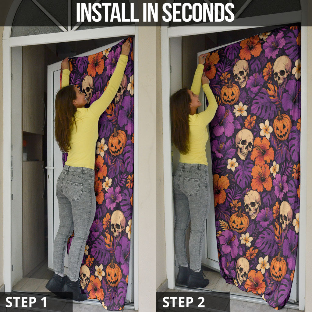 Hawaii Halloween Door Cover Skeleton Pumpkin Hawaiian Flower Tribal