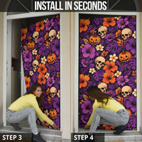Hawaii Halloween Door Cover Skeleton Pumpkin Hawaiian Flower Tribal