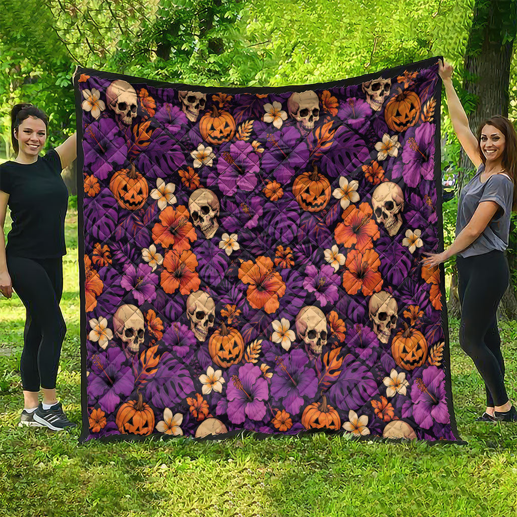 Hawaii Halloween Quilt Skeleton Pumpkin Hawaiian Flower Tribal