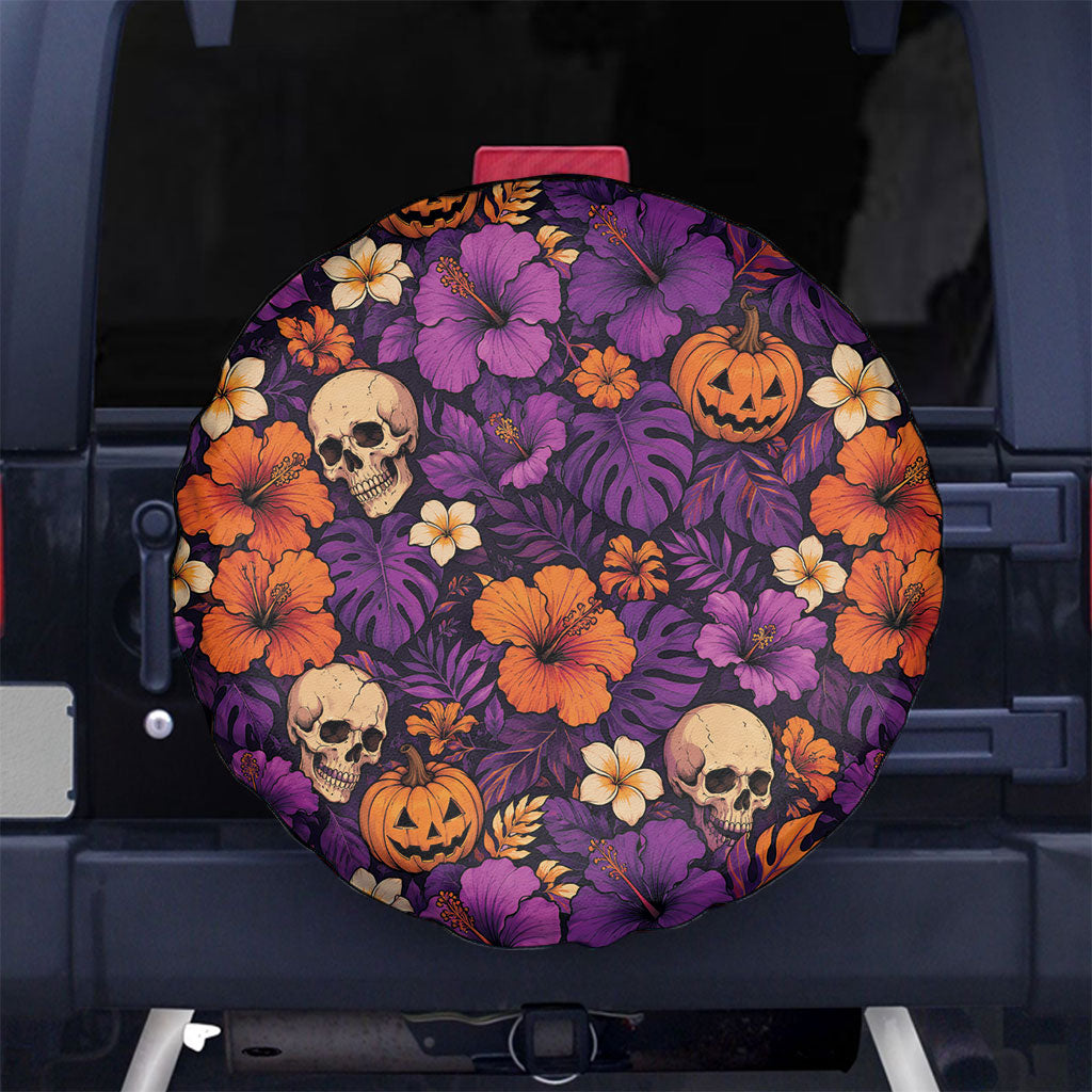 Hawaii Halloween Spare Tire Cover Skeleton Pumpkin Hawaiian Flower Tribal