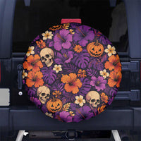 Hawaii Halloween Spare Tire Cover Skeleton Pumpkin Hawaiian Flower Tribal