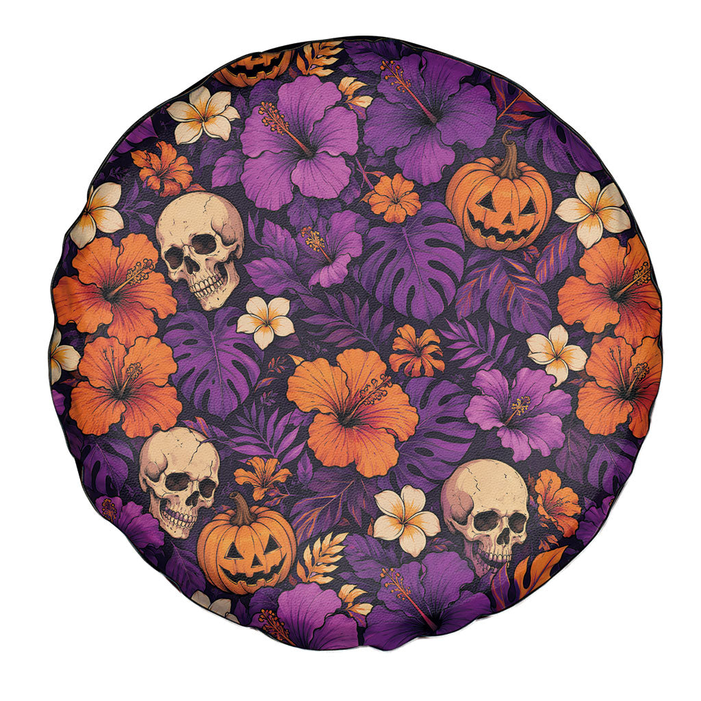 Hawaii Halloween Spare Tire Cover Skeleton Pumpkin Hawaiian Flower Tribal