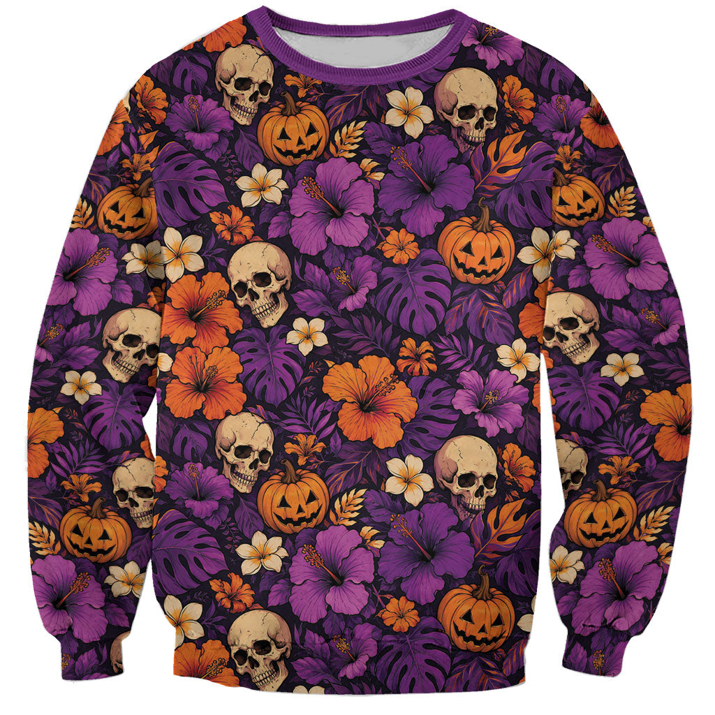 Hawaii Halloween Sweatshirt Skeleton Pumpkin Hawaiian Flower Tribal