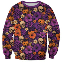 Hawaii Halloween Sweatshirt Skeleton Pumpkin Hawaiian Flower Tribal