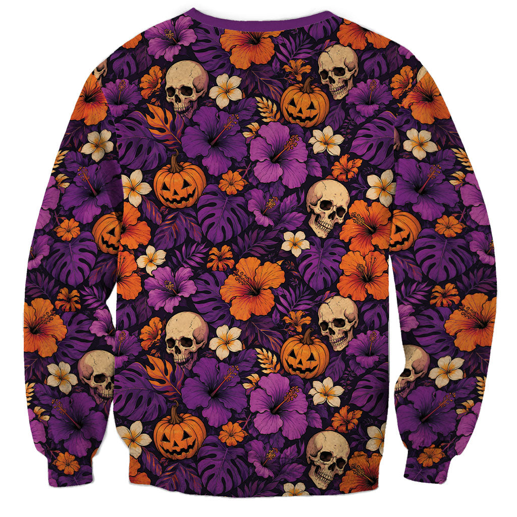 Hawaii Halloween Sweatshirt Skeleton Pumpkin Hawaiian Flower Tribal