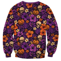 Hawaii Halloween Sweatshirt Skeleton Pumpkin Hawaiian Flower Tribal