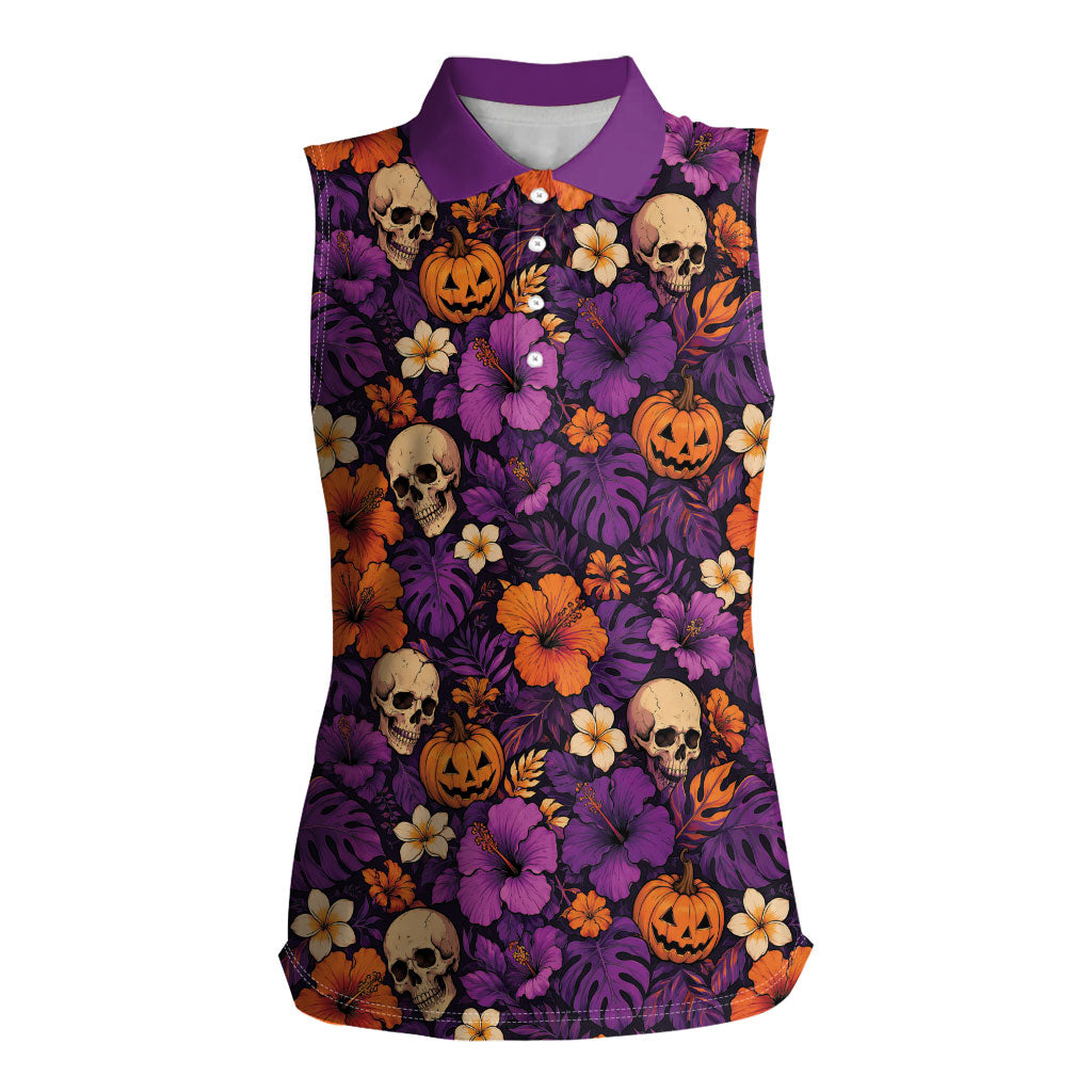 Hawaii Halloween Women Sleeveless Polo Shirt Skeleton Pumpkin Hawaiian Flower Tribal