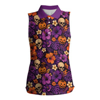 Hawaii Halloween Women Sleeveless Polo Shirt Skeleton Pumpkin Hawaiian Flower Tribal