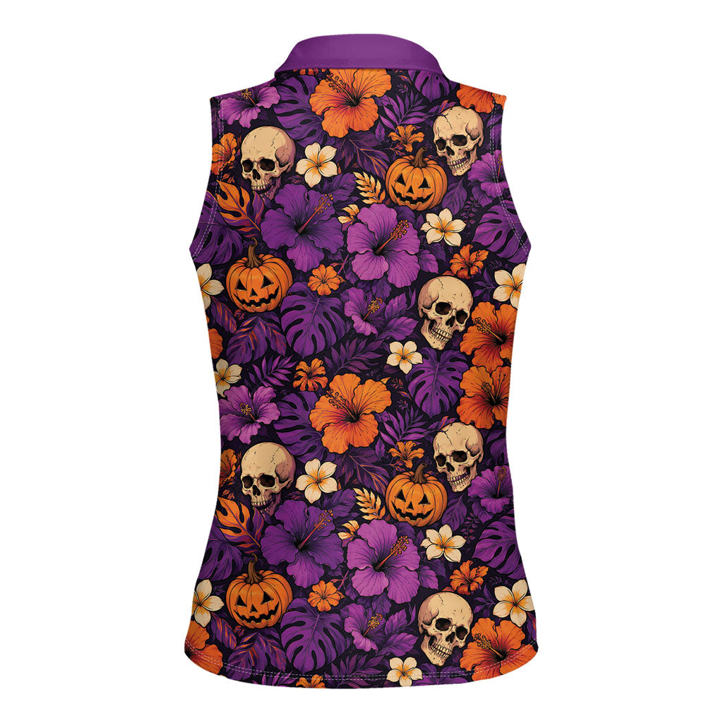 Hawaii Halloween Women Sleeveless Polo Shirt Skeleton Pumpkin Hawaiian Flower Tribal