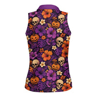 Hawaii Halloween Women Sleeveless Polo Shirt Skeleton Pumpkin Hawaiian Flower Tribal