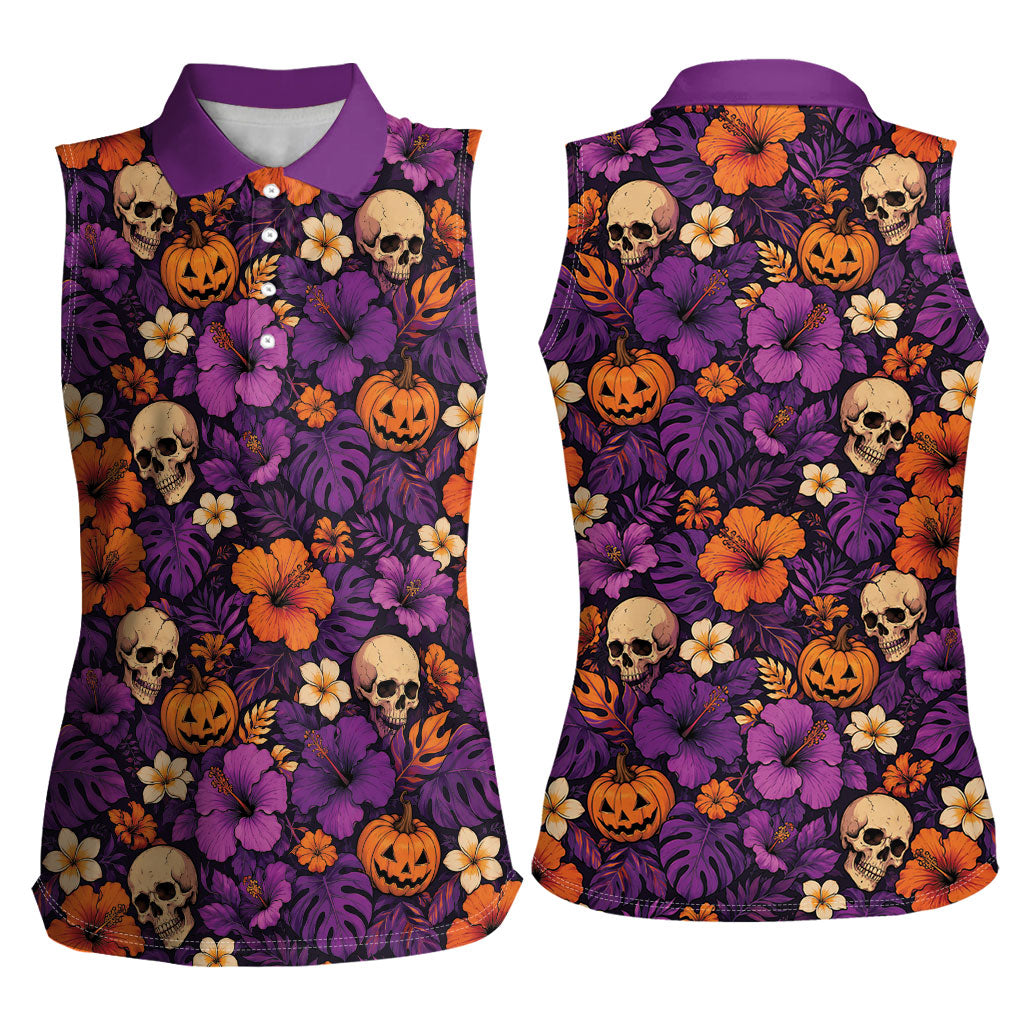 Hawaii Halloween Women Sleeveless Polo Shirt Skeleton Pumpkin Hawaiian Flower Tribal