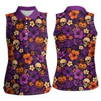 Hawaii Halloween Women Sleeveless Polo Shirt Skeleton Pumpkin Hawaiian Flower Tribal