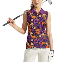 Hawaii Halloween Women Sleeveless Polo Shirt Skeleton Pumpkin Hawaiian Flower Tribal