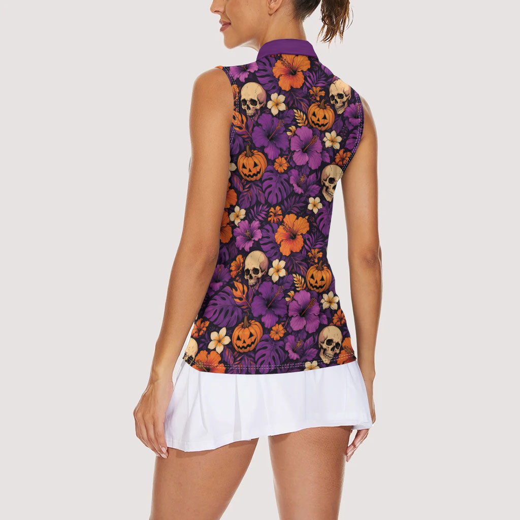 Hawaii Halloween Women Sleeveless Polo Shirt Skeleton Pumpkin Hawaiian Flower Tribal