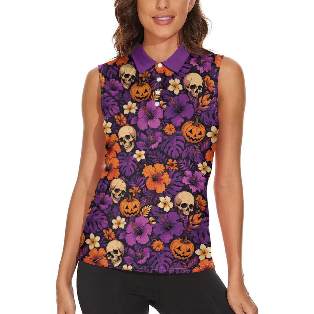 Hawaii Halloween Women Sleeveless Polo Shirt Skeleton Pumpkin Hawaiian Flower Tribal