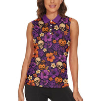 Hawaii Halloween Women Sleeveless Polo Shirt Skeleton Pumpkin Hawaiian Flower Tribal