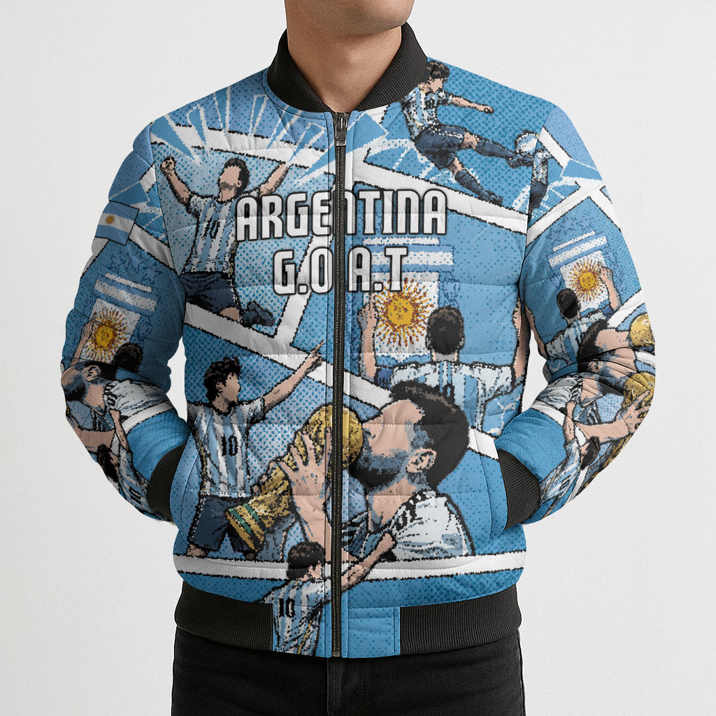 Custom Argentina Football Bomber Puffer Jacket Goat Comic Style Sun Of May