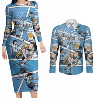 Custom Argentina Football Couples Matching Long Sleeve Bodycon Dress and Long Sleeve Button Shirt Goat Comic Style Sun Of May