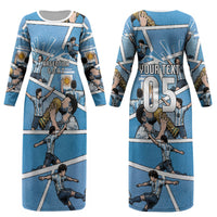 Custom Argentina Football Couples Matching Long Sleeve Bodycon Dress and Long Sleeve Button Shirt Goat Comic Style Sun Of May