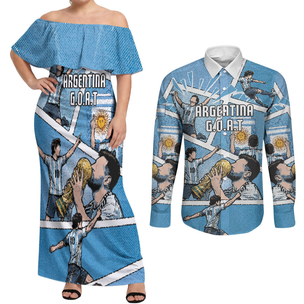 Custom Argentina Football Couples Matching Off Shoulder Maxi Dress and Long Sleeve Button Shirt Goat Comic Style Sun Of May