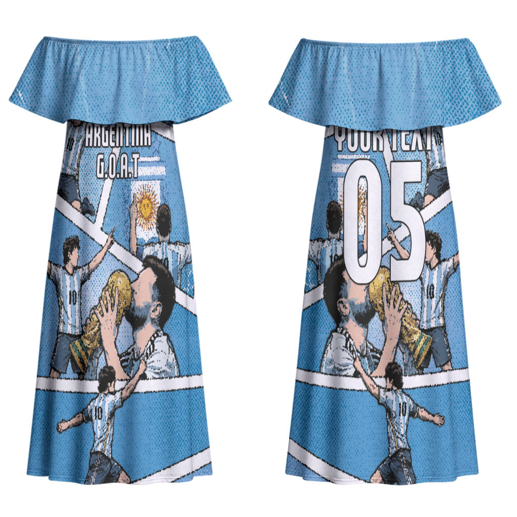 Custom Argentina Football Couples Matching Off Shoulder Maxi Dress and Long Sleeve Button Shirt Goat Comic Style Sun Of May