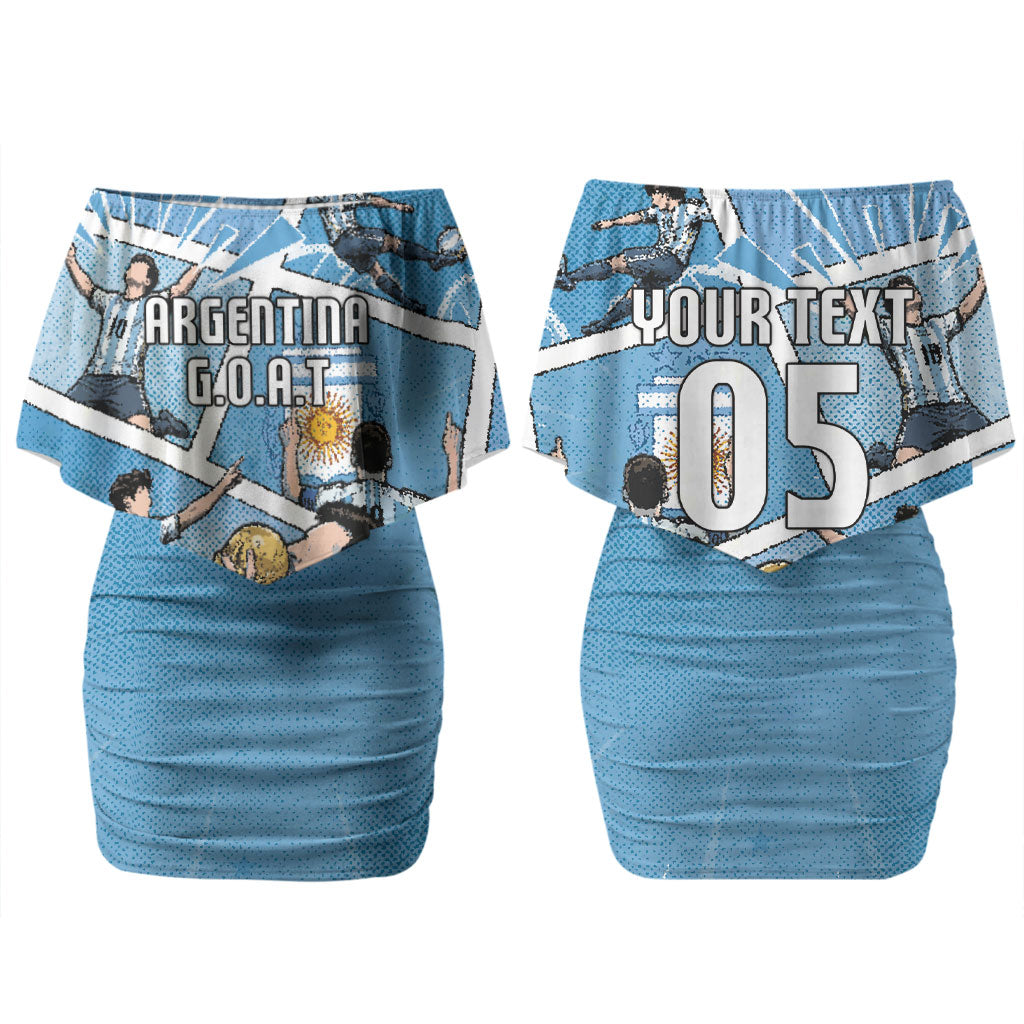 Custom Argentina Football Couples Matching Off Shoulder Short Dress and Long Sleeve Button Shirt Goat Comic Style Sun Of May