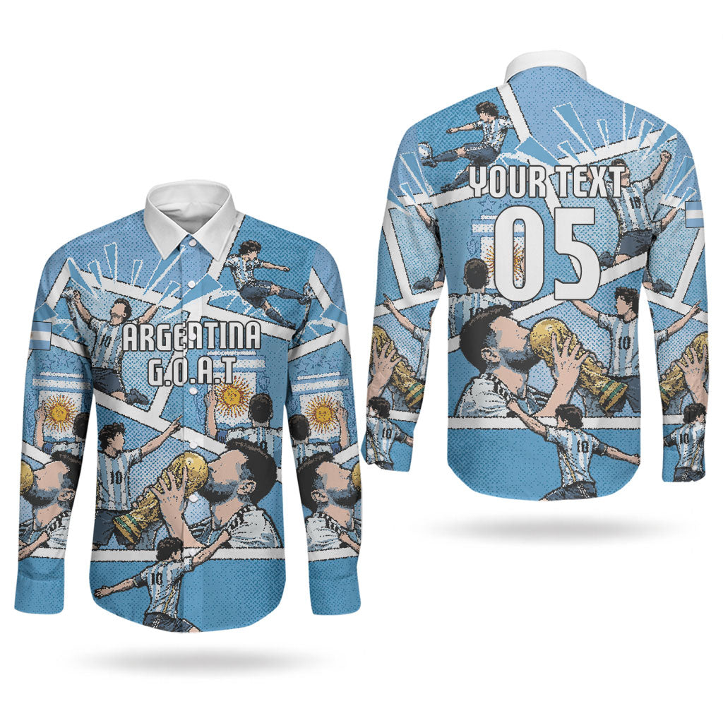 Custom Argentina Football Couples Matching Short Sleeve Bodycon Dress and Long Sleeve Button Shirt Goat Comic Style Sun Of May
