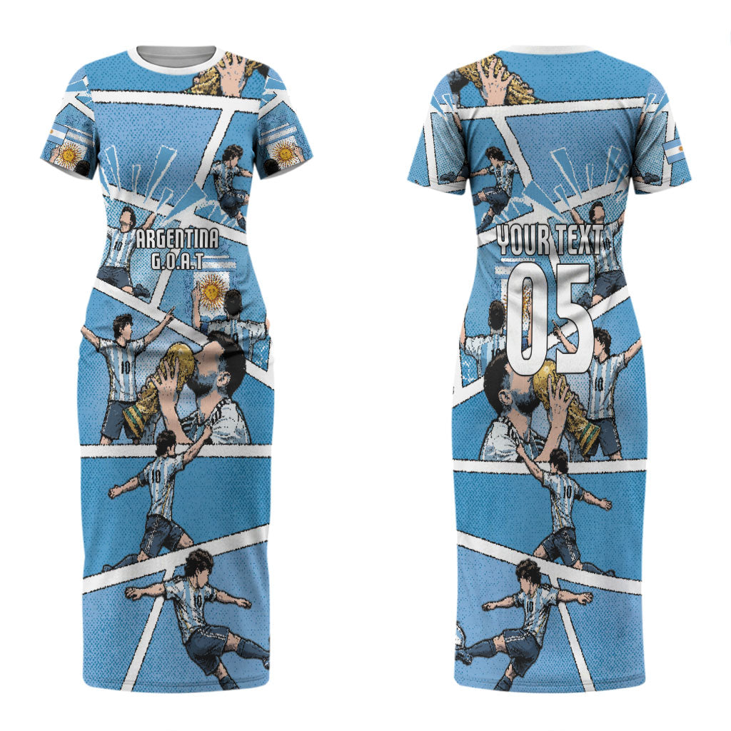 Custom Argentina Football Couples Matching Short Sleeve Bodycon Dress and Long Sleeve Button Shirt Goat Comic Style Sun Of May