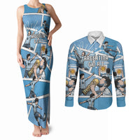 Custom Argentina Football Couples Matching Tank Maxi Dress and Long Sleeve Button Shirt Goat Comic Style Sun Of May