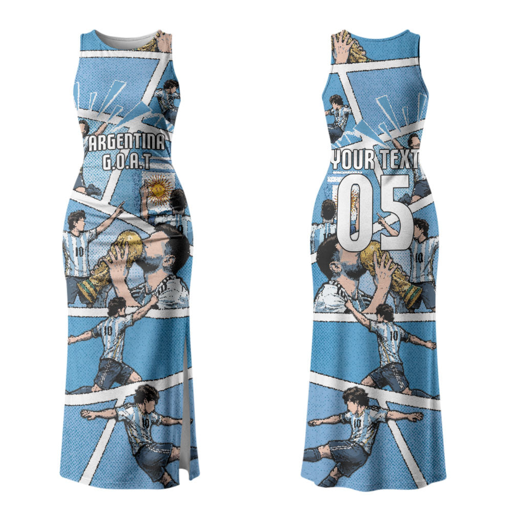Custom Argentina Football Couples Matching Tank Maxi Dress and Long Sleeve Button Shirt Goat Comic Style Sun Of May