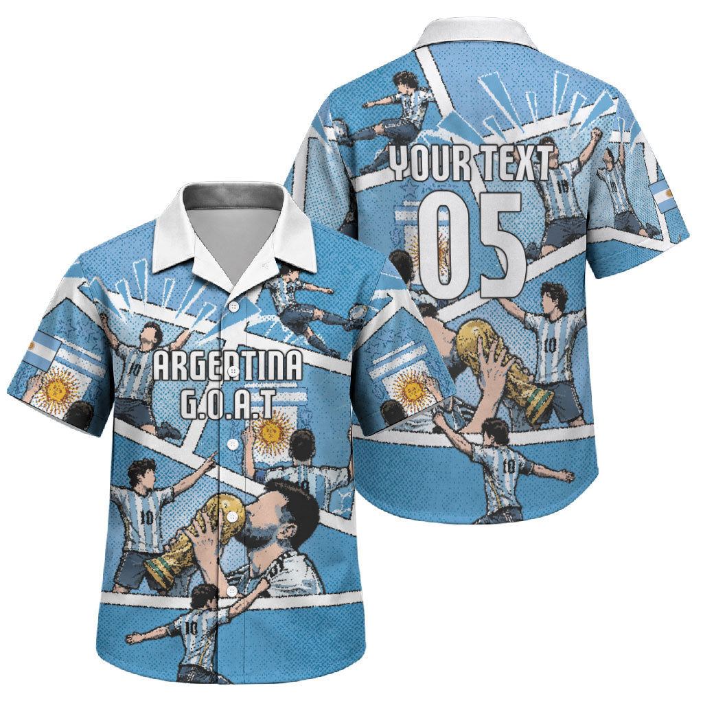 Custom Argentina Football Family Matching Long Sleeve Bodycon Dress and Hawaiian Shirt Goat Comic Style Sun Of May