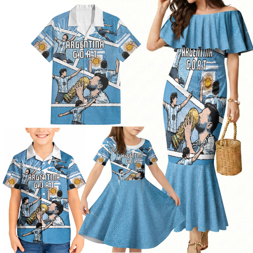 Custom Argentina Football Family Matching Mermaid Dress and Hawaiian Shirt Goat Comic Style Sun Of May