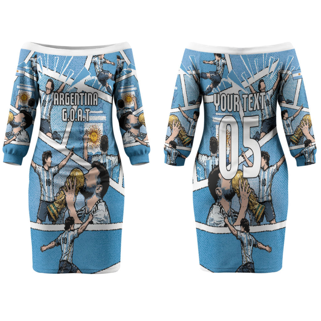 Custom Argentina Football Family Matching Off The Shoulder Long Sleeve Dress and Hawaiian Shirt Goat Comic Style Sun Of May