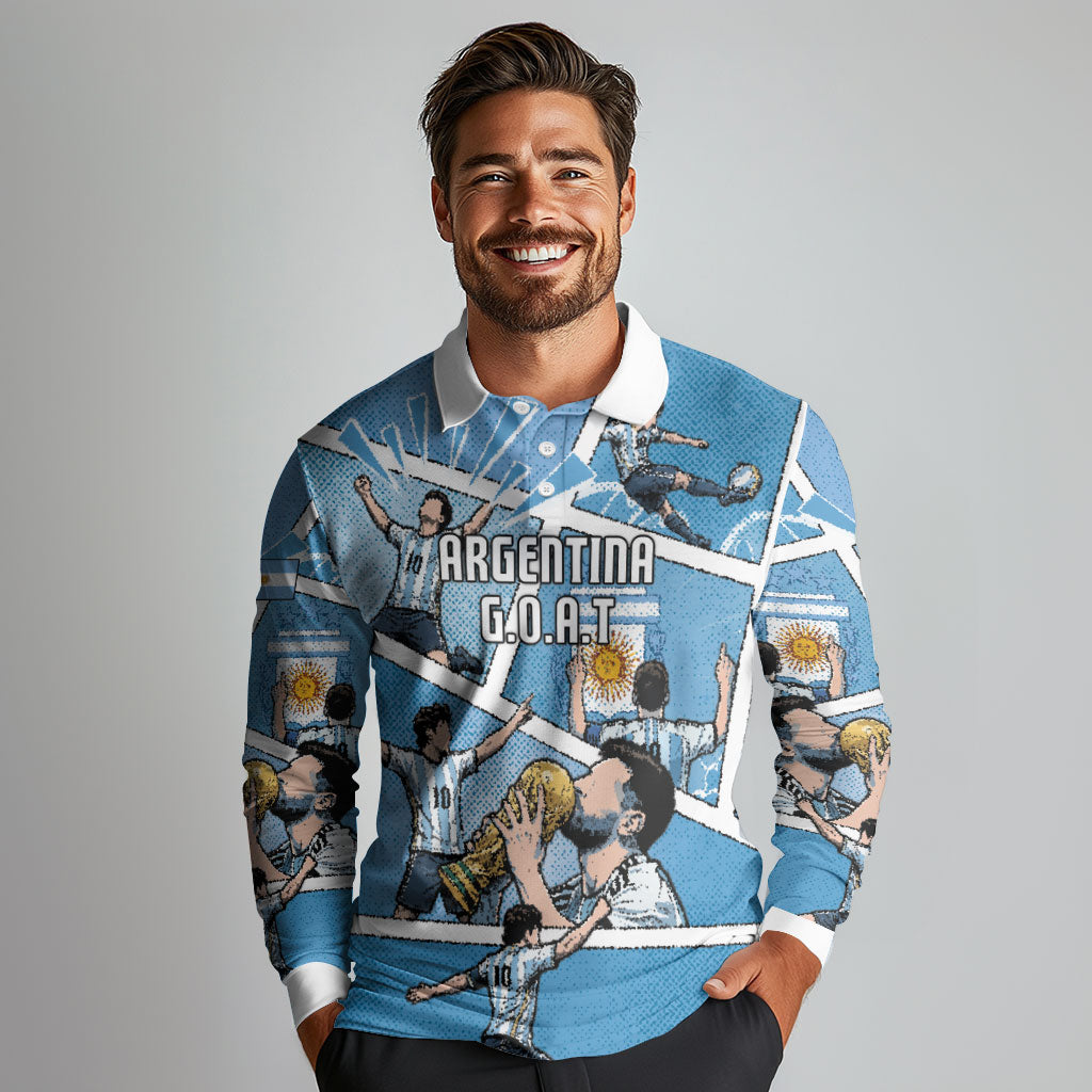 Custom Argentina Football Long Sleeve Polo Shirt Goat Comic Style Sun Of May