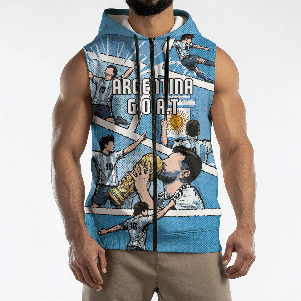 Custom Argentina Football Sleeveless Zip Hoodie Goat Comic Style Sun Of May