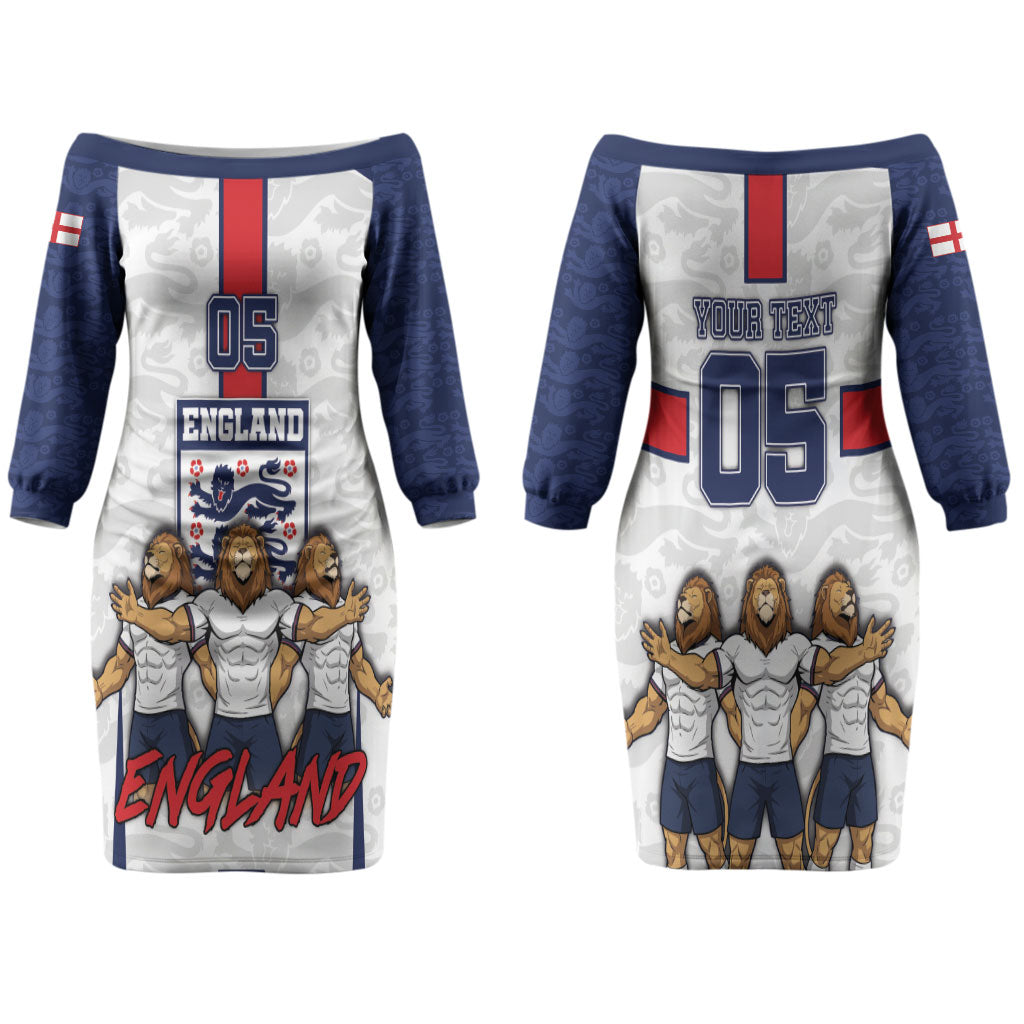 Custom England Football Family Matching Off The Shoulder Long Sleeve Dress and Hawaiian Shirt Three Lions Trophy St George Cross